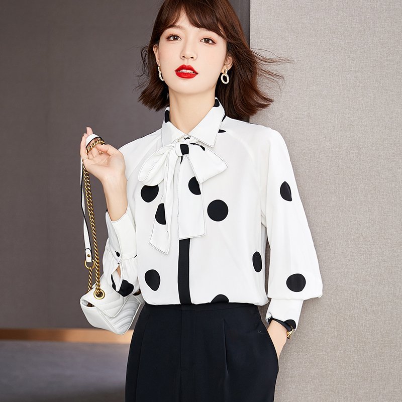 HSM434★秋新作♪きれいめ♪エレガント♪水玉柄♪ドット柄♪レディース♪リボン♪シフォン♪長袖ブラウスシャツ♪S~XXL拍卖