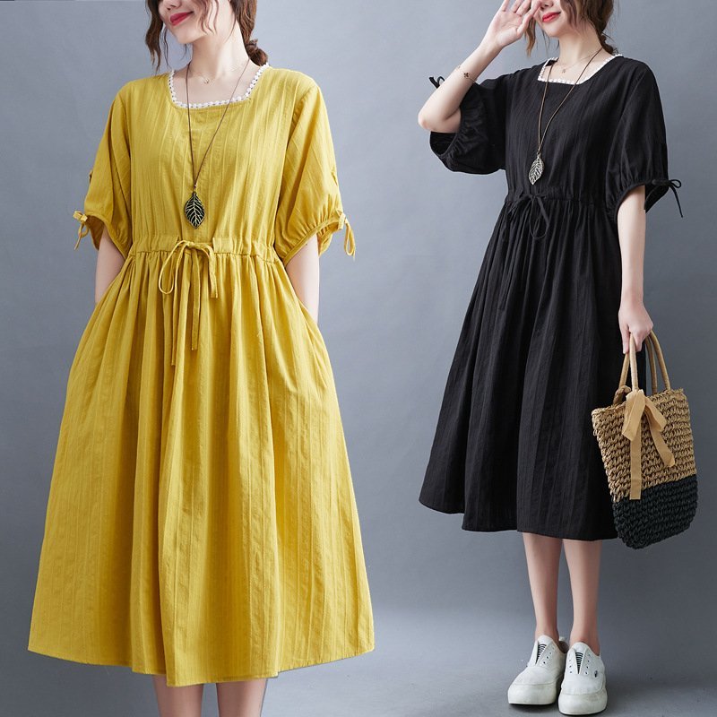 ZJM1221 *綿麻*ウエスト調節半袖ロングワンピース* 新品春夏**レディース*カジュアル*ゆったり大きいサイズM~XXL拍卖