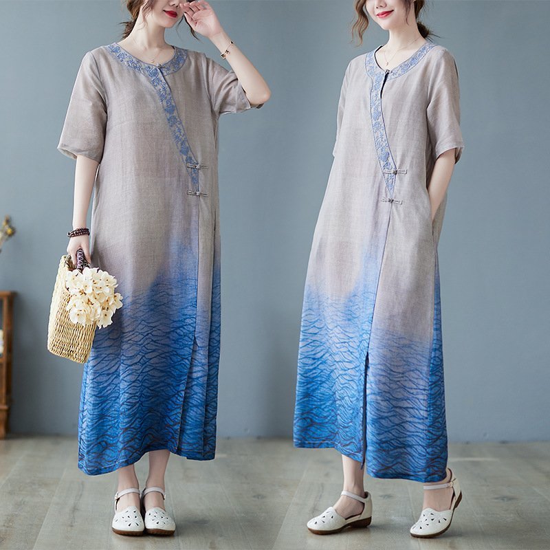 ZJM1224 綿麻エスニック*チャイナドレス風ロングワンピース* 新品春夏***レディース*カジュアル*体型カバー*プリントM~3XL拍卖