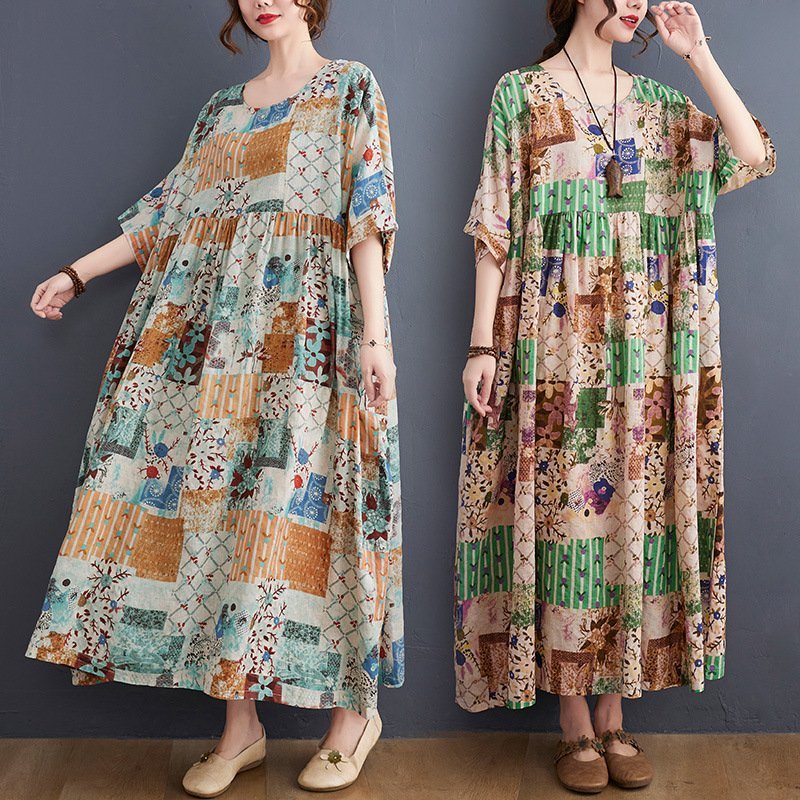 ZJM1237 大きいサイズ体型カバー*総柄花柄*半袖マキシロングワンピース*新品春夏**レディース*カジュアル*ゆったり拍卖