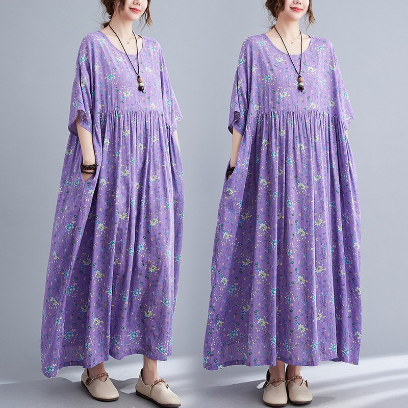 ZJM1241 大きいサイズ体型カバー*花柄プリント半袖マキシロングワンピース新品春夏**レディース*カジュアル*ゆったり*紫拍卖