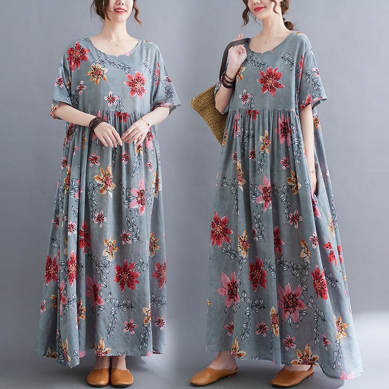 ZJM1252 体型カバー*花柄*半袖総柄マキシロングワンピース 新品春夏**レディース*カジュアル*ゆったり大きいサイズ拍卖