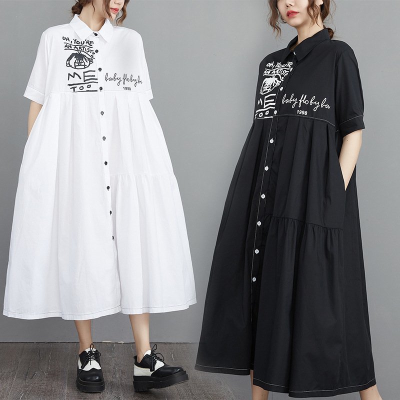 ZJM1254 *英字切り替えプリント*半袖シャツロングワンピース* 新品春夏*レディース*カジュアル*ゆったり大きいサイズ体型カバー拍卖