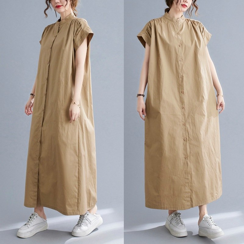 ZJM1319 半袖 スタンド襟 ロング ワンピース カジュアル ゆったりサイズ 着やせ レディース フリーサイズ 2色選択可 綿 拍卖