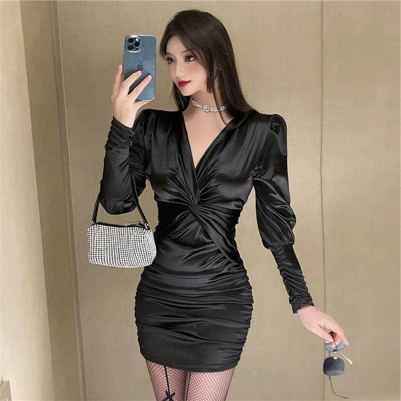 ZJM1409 *くしゅっとデザイン*ギャザー入*タイトワンピース*黒*ブラック *セクシー*エロかわ?良質*とろみ素材*Vネック拍卖