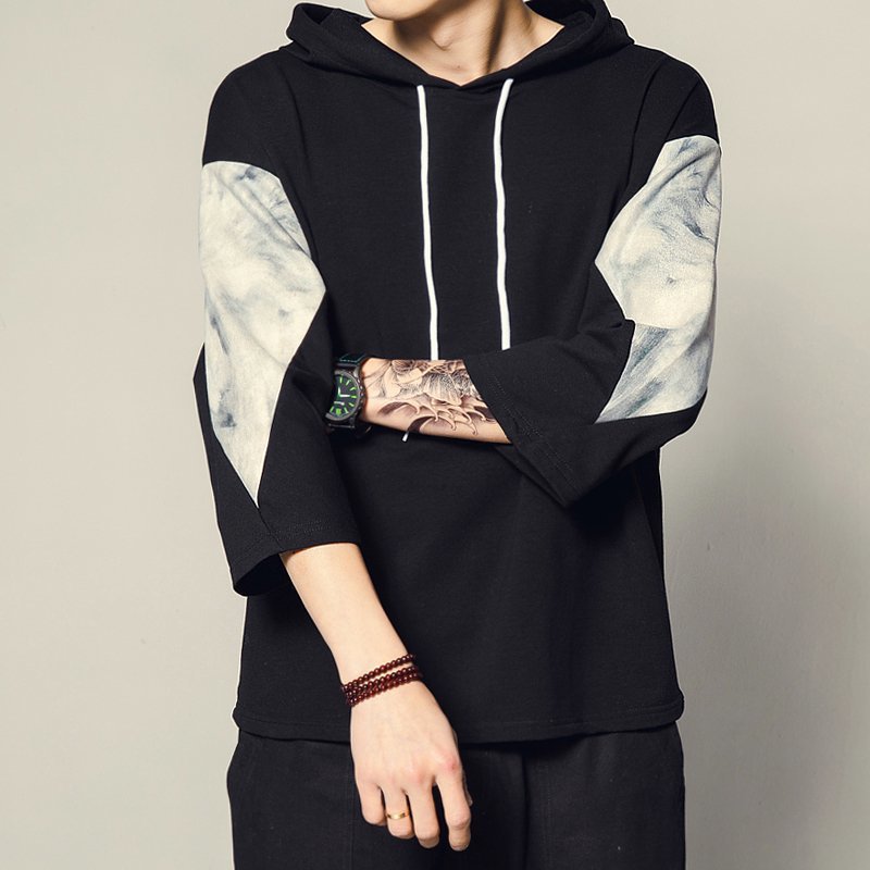 cjx797★夏新品 メンズパーカー Tシャツ 半袖パーカー 無地花柄 七分袖 カッコイイ ゆったり 薄手 トレーナー 3色 ブラック M~5XL拍卖