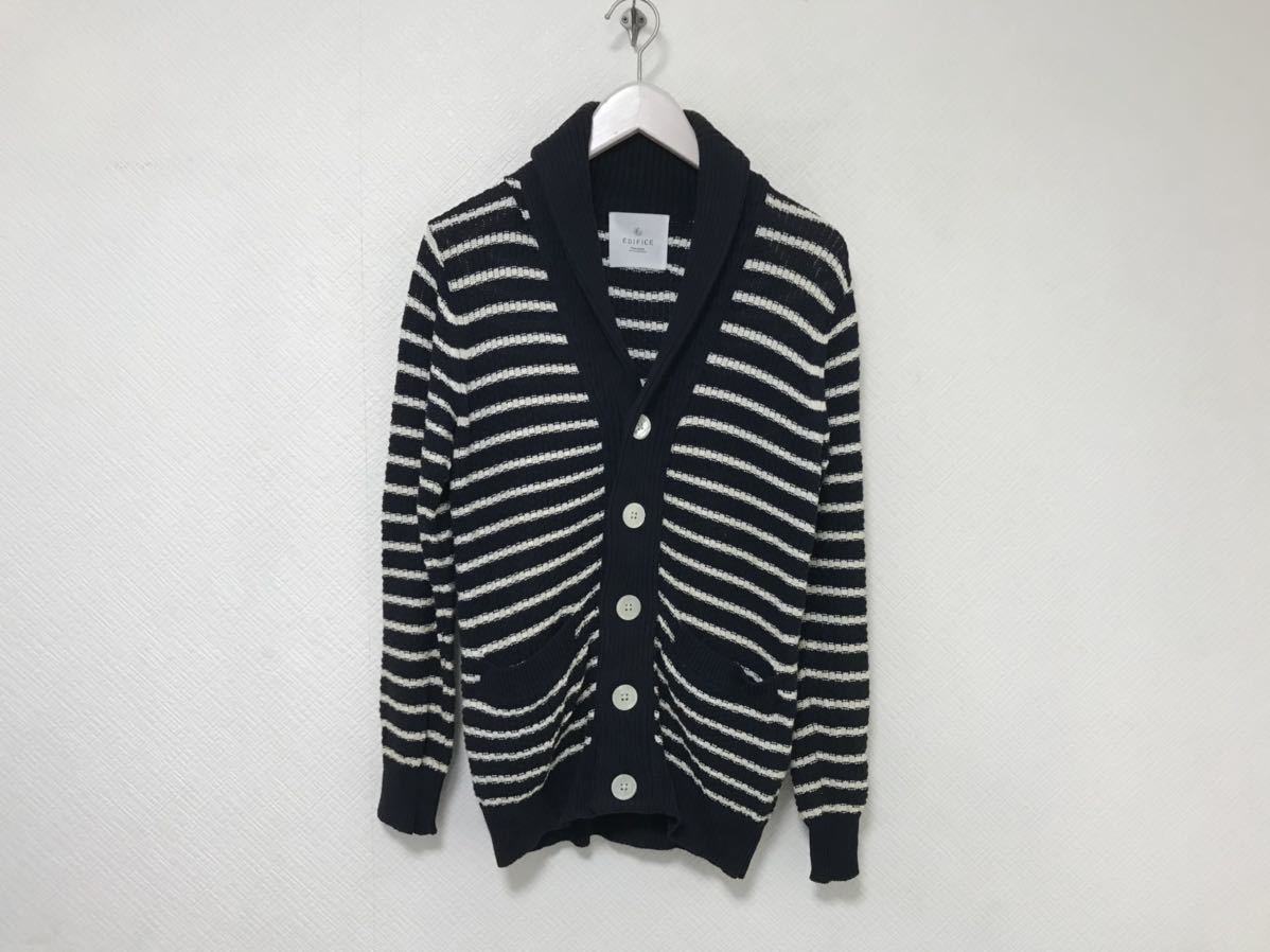 本物エディフィスEDIFICEコットンボーダー柄ニットカーディガンセーターケーブルメンズ38アメカジサーフビジネススーツ紺ネイビーM拍卖