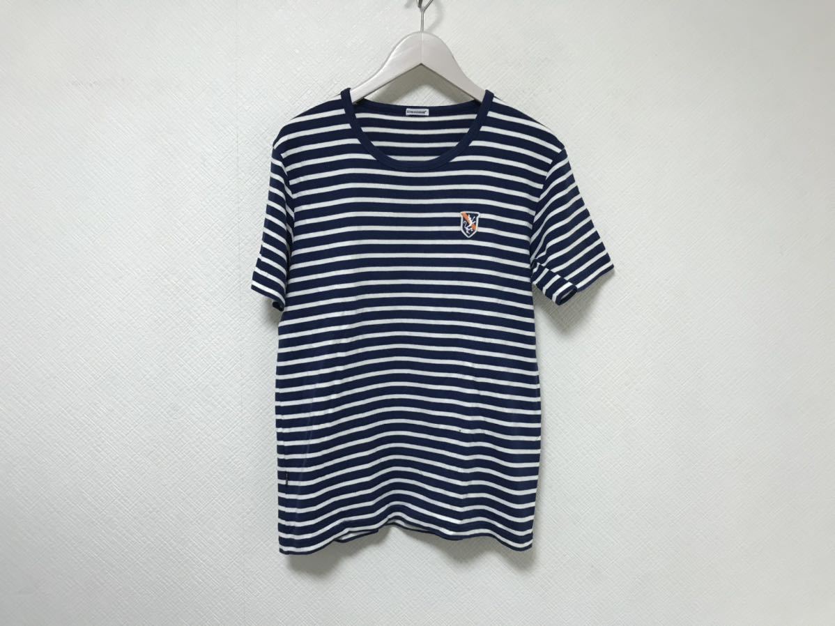 本物ドゥニームDENIMEコットン半袖Tシャツボーダー柄メンズ白ホワイト青ブルーアメカジサーフミリタリーM日本製拍卖