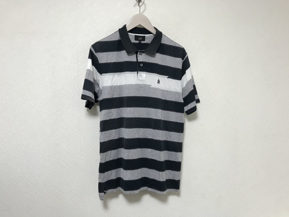 本物ダンヒルdunhillコットンボーダー柄半袖ポロシャツメンズアメカジサーフスーツビジネスMグレー黒ルーマニア製拍卖
