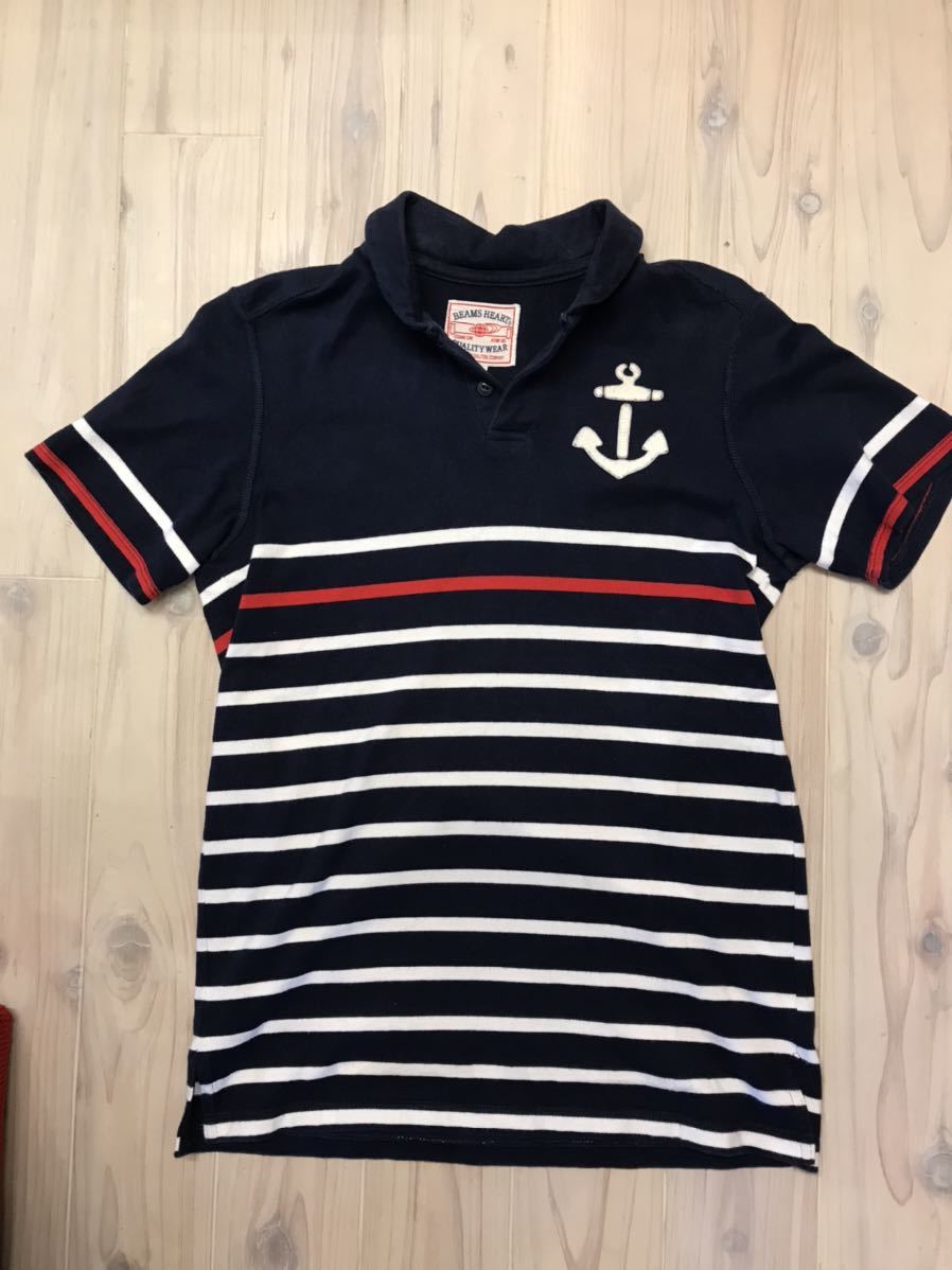 BEAMS ビームス ショールカラーポロ サイズS ポロシャツ 半袖 アンカーワッペン ボーダー トリコロール オールドアメリカン ユーズド 古着拍卖