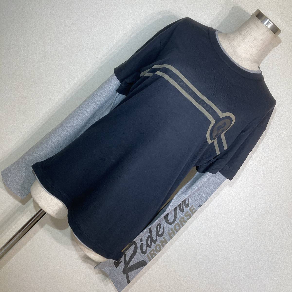 A649■アルマーニJEANS★黒&グレー/レイヤード★長袖ロゴTシャツ■M拍卖