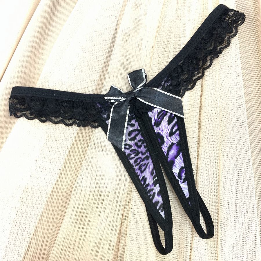 新品 未使用 送料無料ls3911紫色ヒョウ柄 Tバックフロントオープンのヒョウ柄クロッチ当て布なし 穴あきセクシーTバックショーツレオパード拍卖