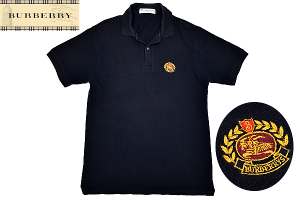 Y-4528★送料無料★Burberrys バーバリー★90s 英国 イングランド製 ヴィンテージ ネイビー紺色 ホースロゴ刺繍 鹿の子 半袖 ポロシャツ M拍卖