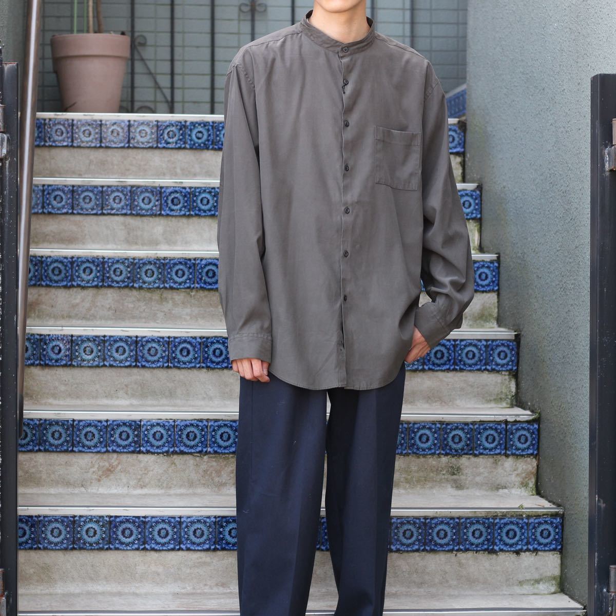 USA VINTAGE ALFANI BAND COLLAR DESIGN SHIRT/アメリカ古着バンドカラーデザインシャツ拍卖