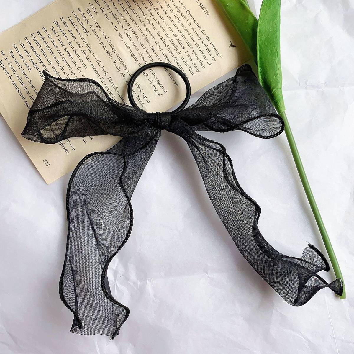 送料無料★即納!シアーリボン ヘアアクセサリー アレンジゴム 飾りゴム 可愛い おしゃれ 簡単 ヘアアレンジ★ブラック拍卖