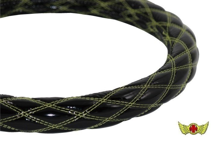 トラック用品 即納 ハンドルカバー ダブルステッチ エナメル ブラック/イエロー 2HS(45cm-46cm)/ふそう NEWファイター【送料800円】拍卖