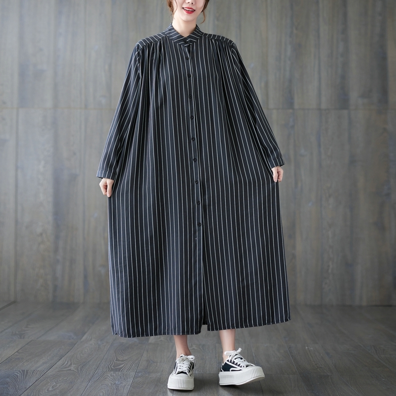 SALE「同梱1万円送料無料」秋*新作*レディース*カジュアル**ボーダー*ゆったり大きいサイズ体型カバー***長袖*ロングシャツワンピース*黒拍卖
