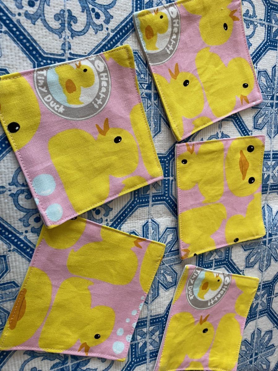 21.コースター ハンドメイド 10センチ角 5枚組 ヒヨコ柄ピンク色拍卖