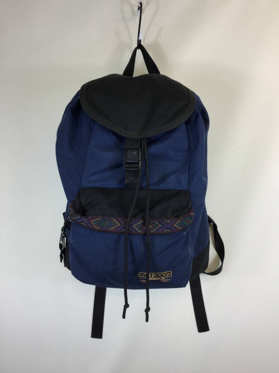 90s USA製 アウトドアプロダクツ OUTDOOR PRODUCTS リュック ブラック ネイビー チロリアンテープ フラップ 巾着拍卖