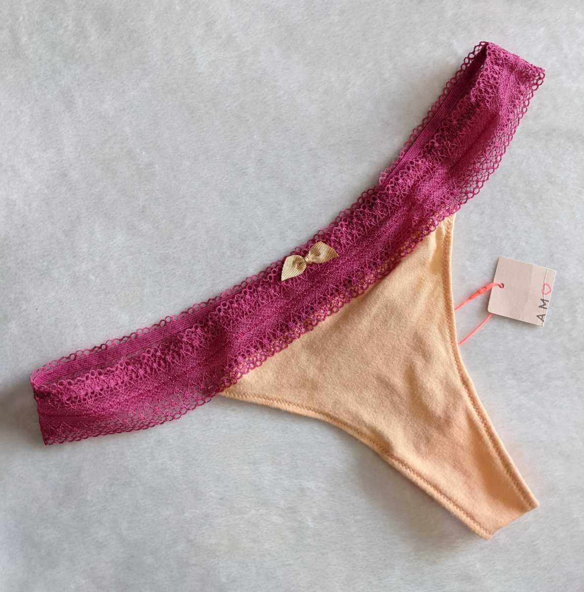 お泊まりに☆TバックM☆未使用☆キュートなリボン&レース☆オレンジ☆トリンプ☆匿名配送可☆タグあり☆拍卖