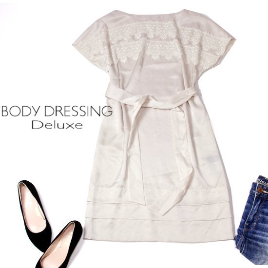 ☆☆ 美品 BODY DRESSING Deluxe ボディドレッシング デラックス ☆☆ 大人可愛い レース とろみ ワンピース 36号 S 春 夏 22B08拍卖