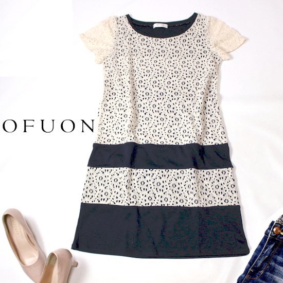 ☆☆ 美品 OFUON stylish オフオン スタイリッシュ ☆☆ 可愛いレース重ね ジャージー生地 ストレッチ ワンピース 38号 M 春 夏 22D08拍卖