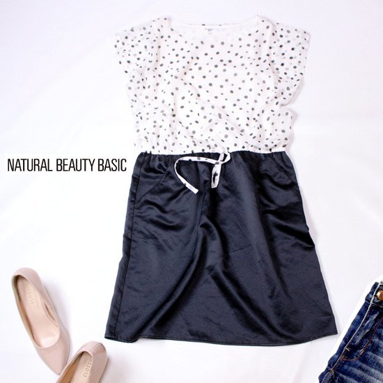 ☆☆ 美品 NATURAL BEAUTY BASIC ナチュラルビューティーベーシック ☆☆ 可愛い マットサテン切替え シフォン ワンピース M 春 夏 22D08拍卖