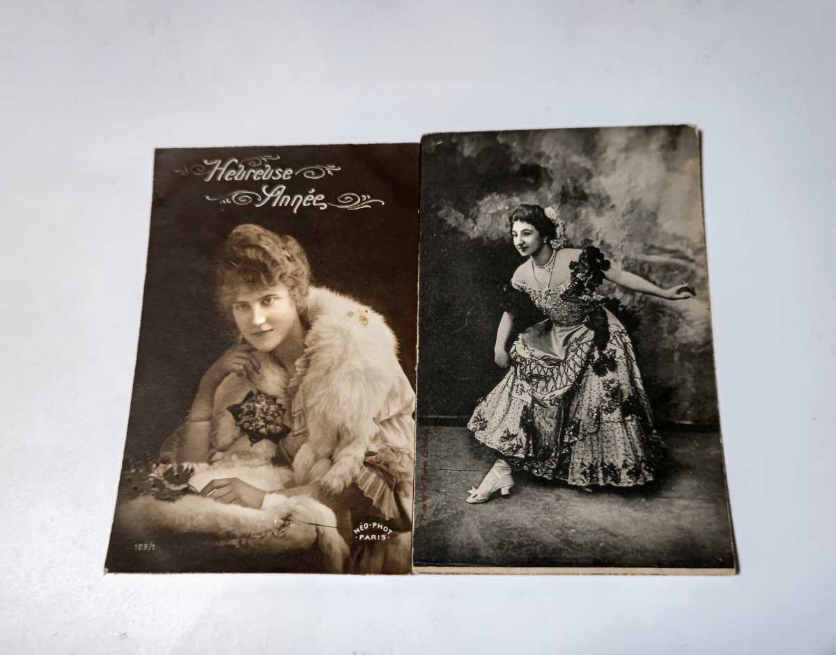 アンティーク ポストカード フランス 綺麗な貴婦人2枚セット 絵葉書拍卖