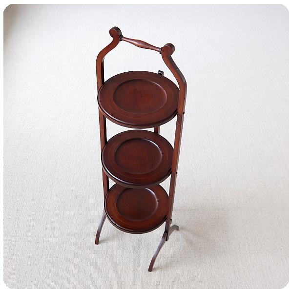 イギリス アンティーク 折りたたみ ケーキスタンド3段/マホガニー/飾り台/英国家具/フォールディング【インレイ装飾】T-487拍卖