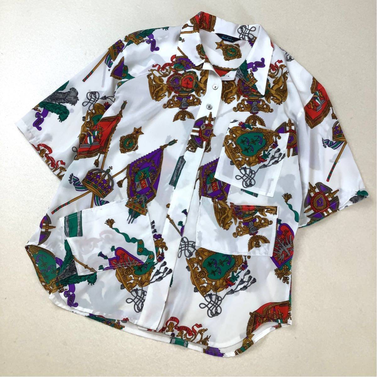 美品 総柄 スカーフ柄 王冠柄 デザインシャツ 半袖 レトロシャツ レディース Mサイズ ホワイト NEW ROCK拍卖
