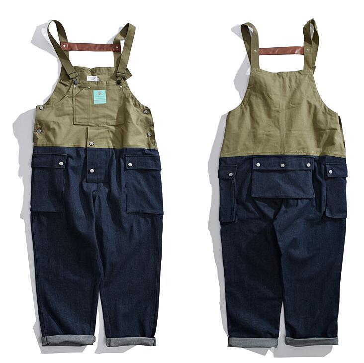 新品 メンズ サロペット オーバーオール つなぎ オールインワン サスペンダーズボン ペインター作業服 色切替 S-2XL 緑拍卖