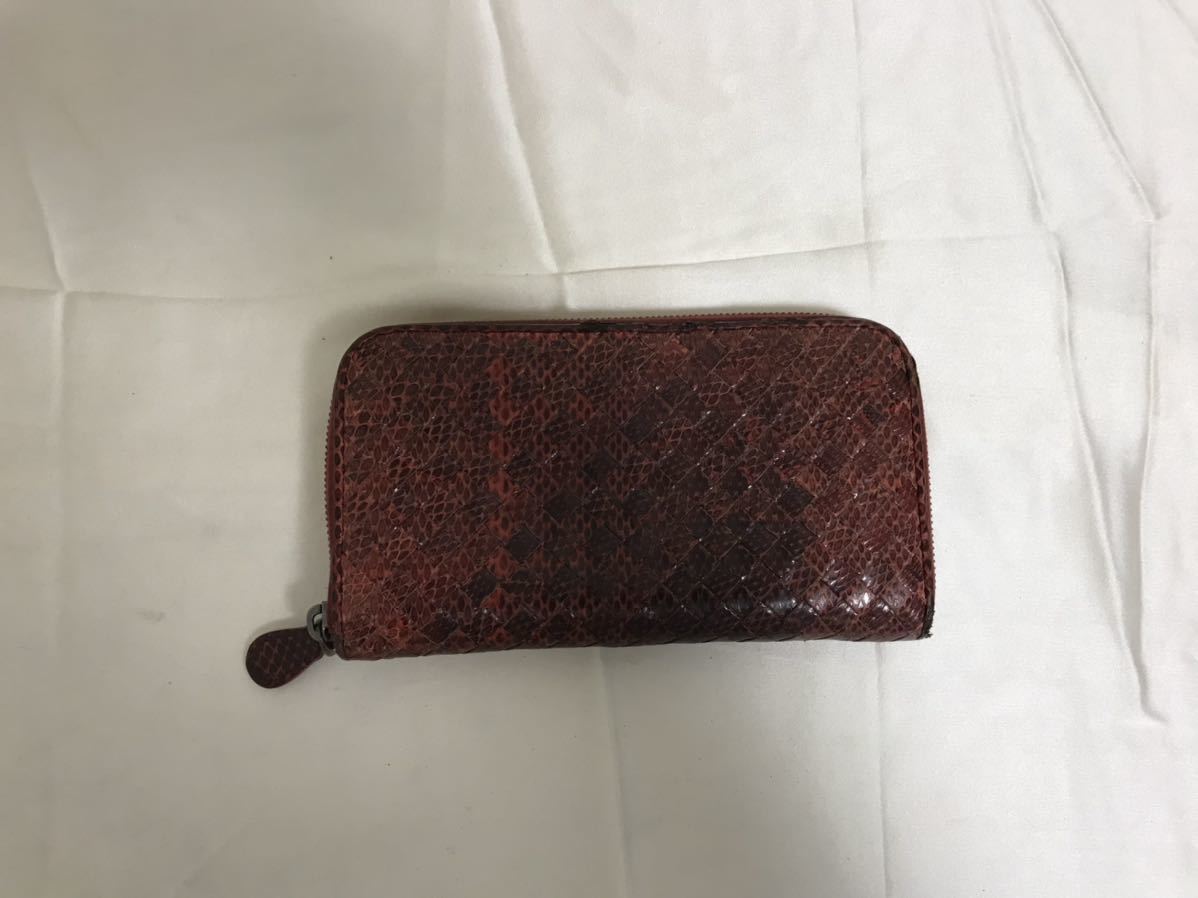 本物ボッテガヴェネタBOTTEGAVENETA本革パイソンレザー蛇皮編み込みラウンドファスナージップ長財布サイフ札入れメンズレディース赤レッド拍卖