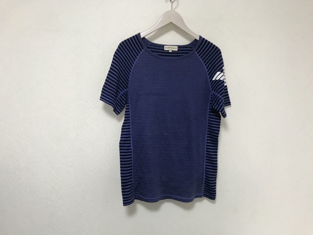 本物エンポリオアルマーニEMPORIOARMANIコットンニットセーターボーダー柄半袖Tシャツメンズ青ブルービジネススーツサーフ52イタリア製2XL拍卖