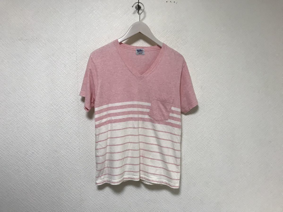 本物フェローズPHERROWSコットンボーダー柄 Vネック半袖Tシャツメンズアメカジサーフミリタリーピンク白M日本製拍卖