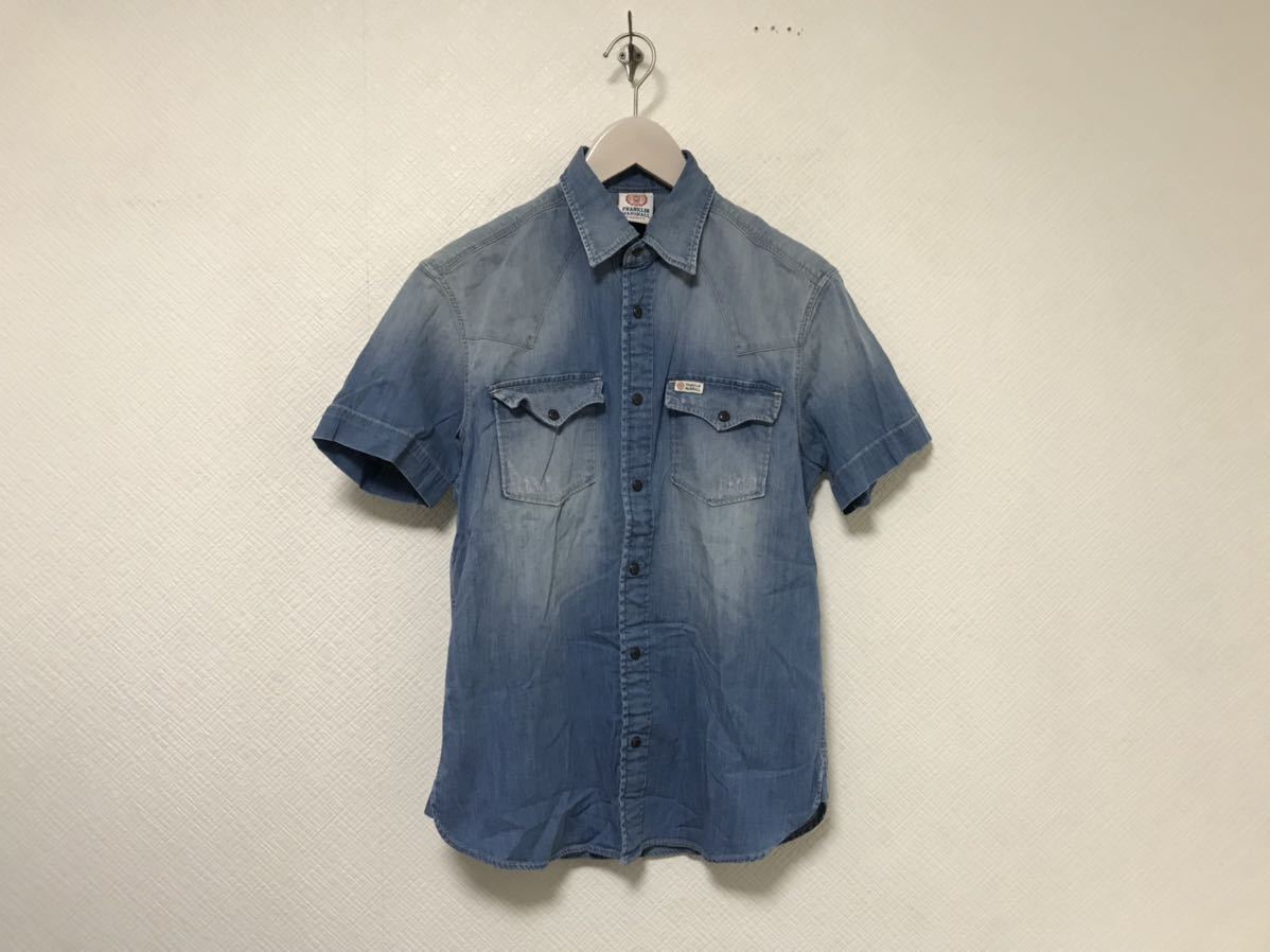 本物フランクリンマーシャルFRANKLINMARSHALLコットンストレッチデニム半袖シャツメンズビジネススーツサーフ青ブルーSチュニジア製拍卖