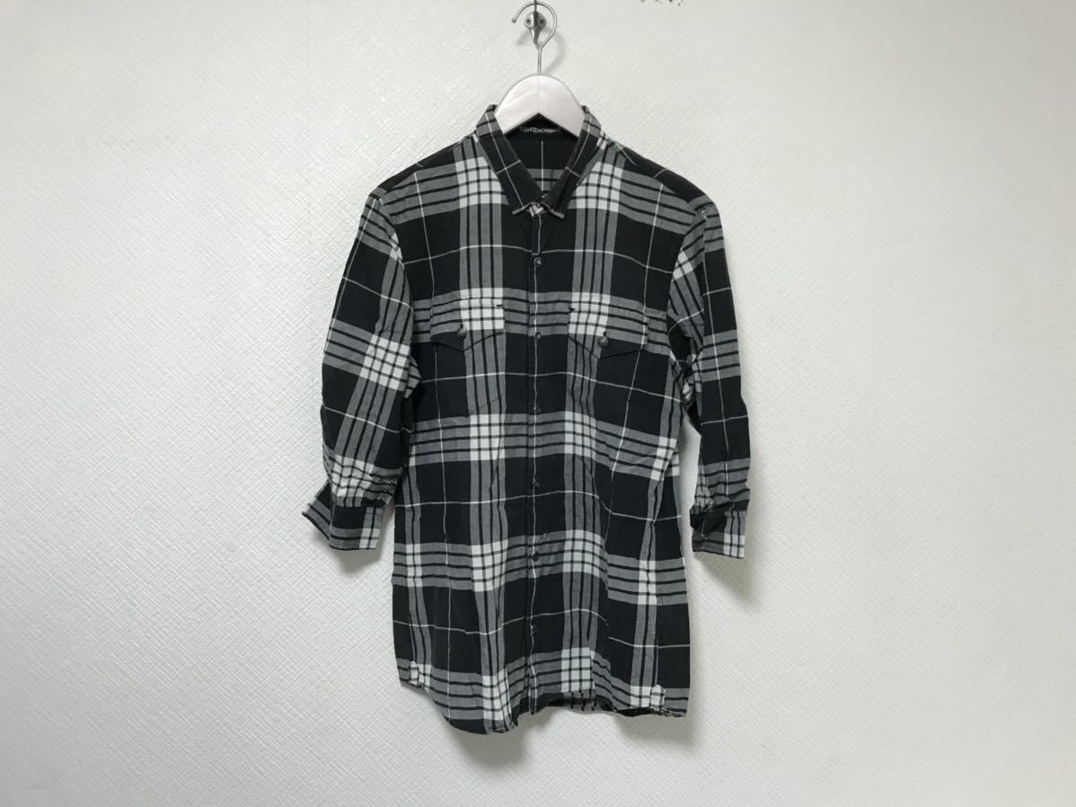 本物ゴーサンゴーイチプールオム5351POURLESHOMMEコットンテンセルチェック柄7部丈長袖シャツメンズビジネススーツサーフL黒日本製3拍卖