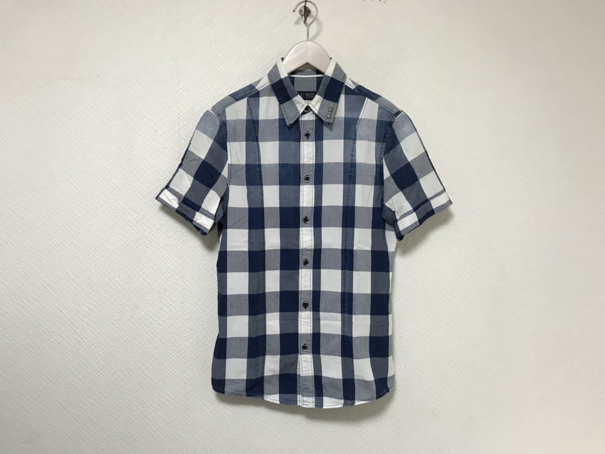 本物アルマーニジーンズARMANI JEANSコットンブロックチェック柄半袖シャツメンズビジネススーツサーフ白ホワイト青ブルーS拍卖