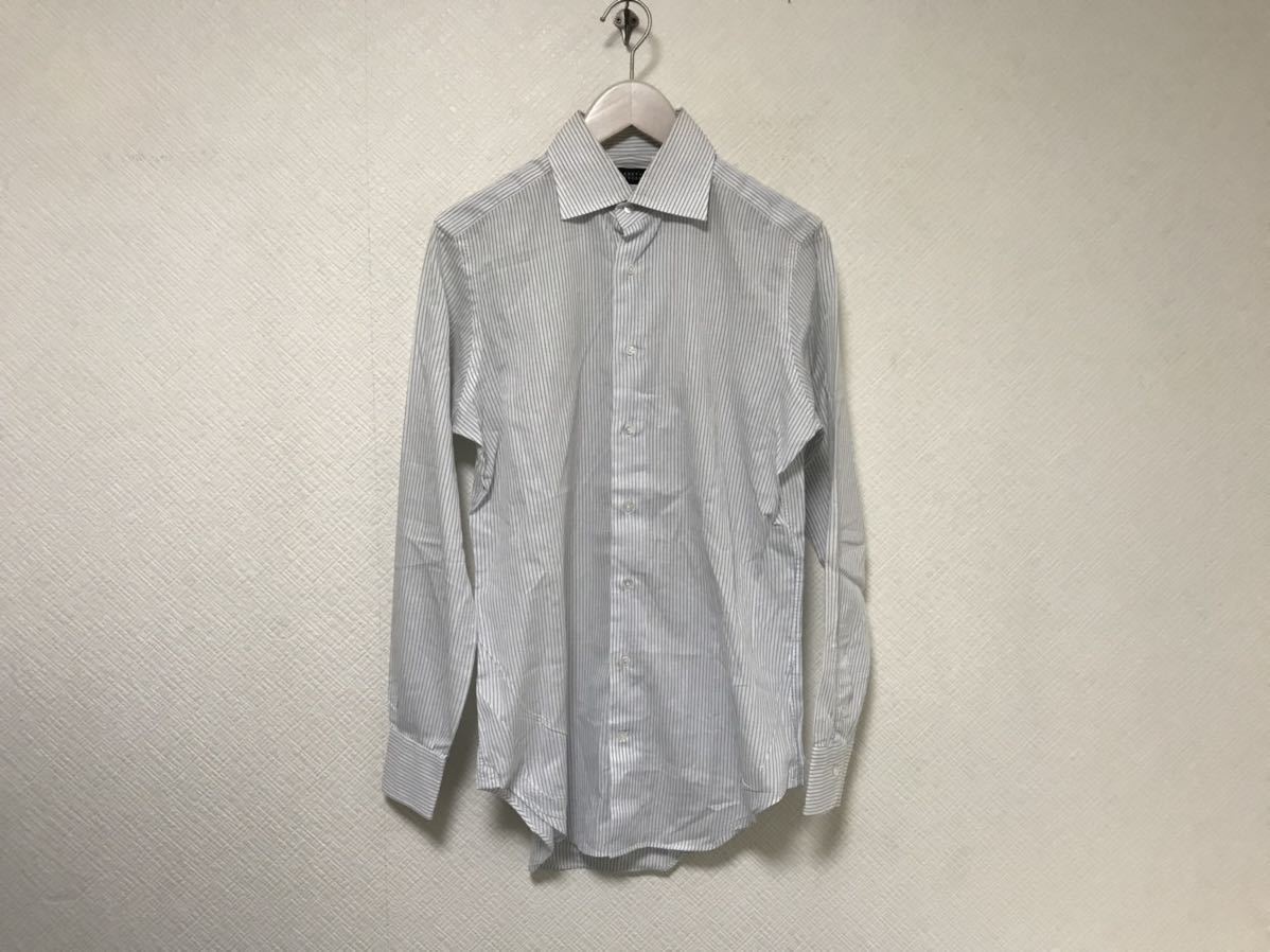 本物バーニーズニューヨークBARNEYSNEWYORKコットンストライプ柄ドレス長袖シャツメンズビジネススーツサーフ白ホワイトブルー日本製38M拍卖
