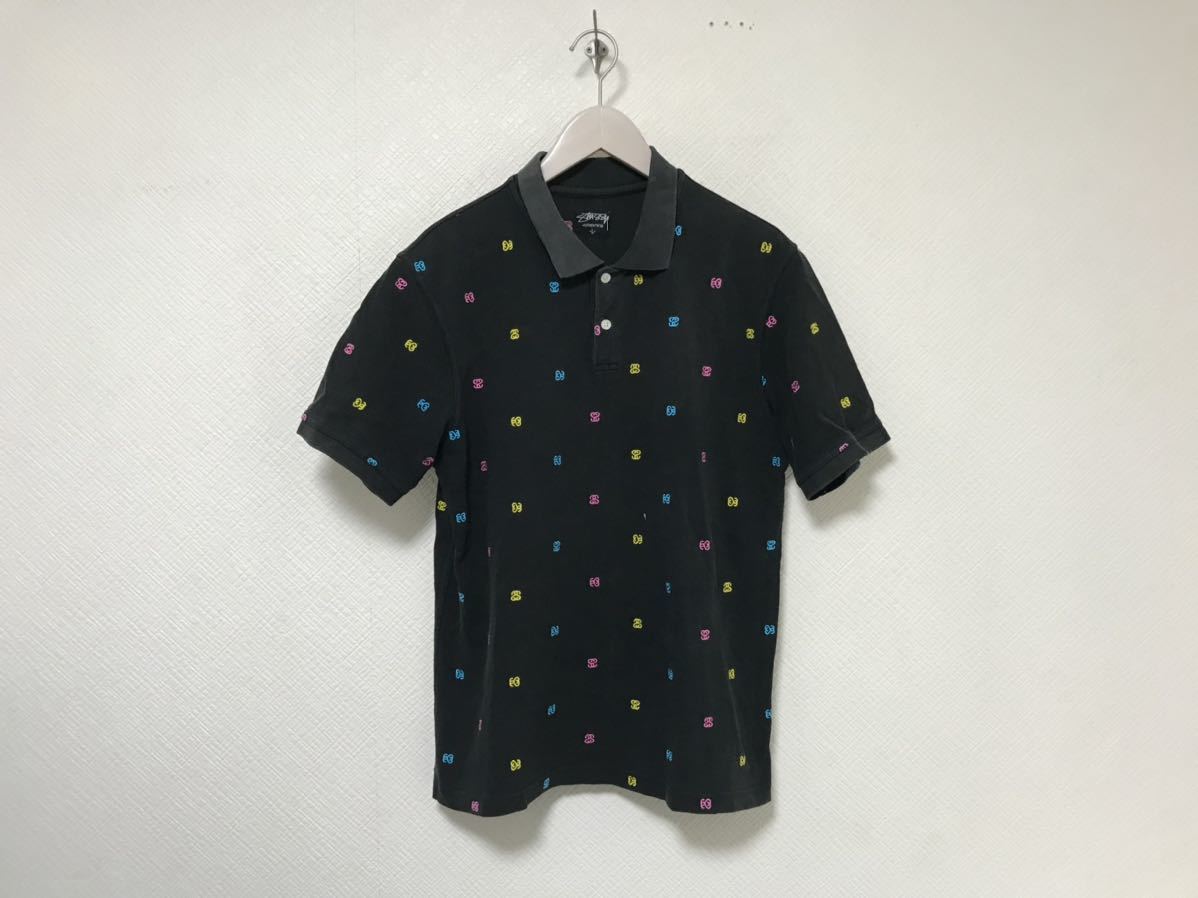 本物ステューシーSTUSSYコットンロゴ刺繍柄半袖ポロシャツメンズビジネススーツミリタリーサーフアメカジストリートスケーターL黒ブラック拍卖