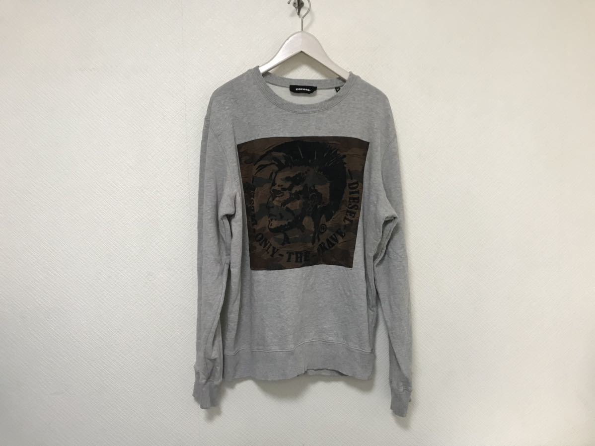 本物ディーゼルDIESELコットンスウェットデカビッグ長袖トレーナーメンズスーツミリタリーサーフアメカジグレーXLブルガリア製カモフラ柄拍卖