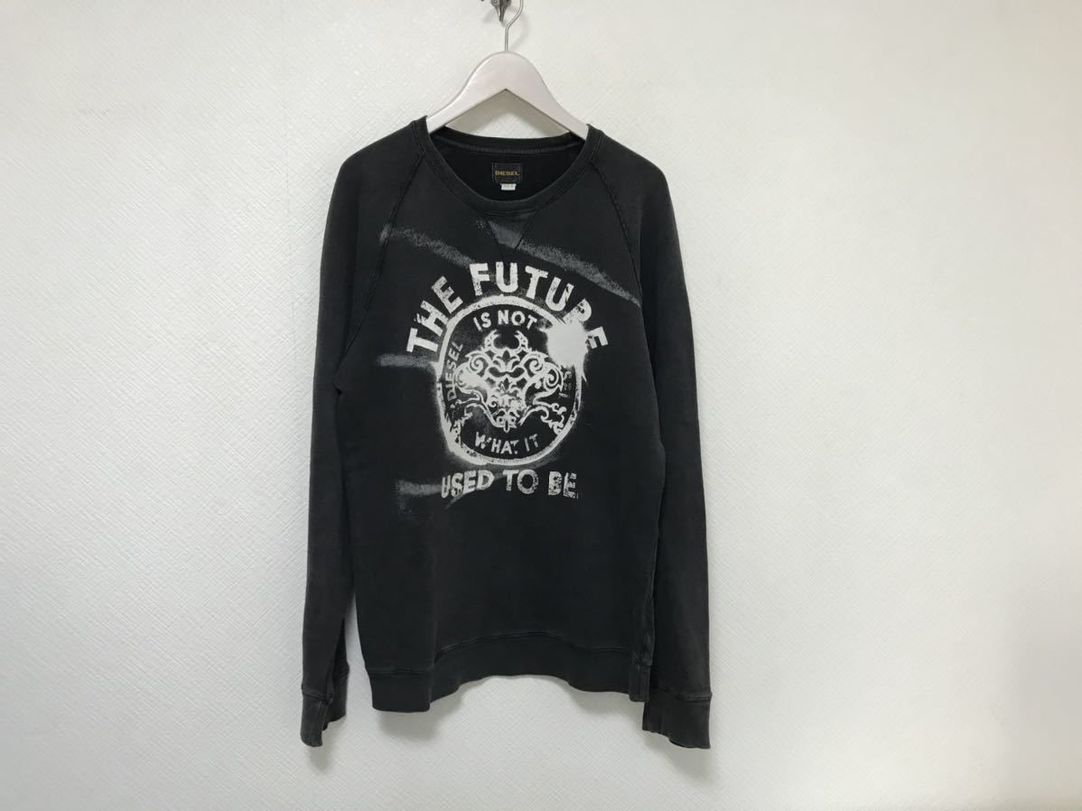 本物ディーゼルDIESELコットンプリントデカビッグスウェット長袖トレーナーメンズスーツミリタリーサーフアメカジ黒ブラックM拍卖