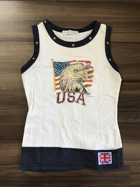 古着 DancingHeart 個性的 タンクトップ 鷲 ワシ 星条旗 星 スタッズ 白 デニム 伸縮 ノースリーブ プリント レディース アメリカ イギリス拍卖