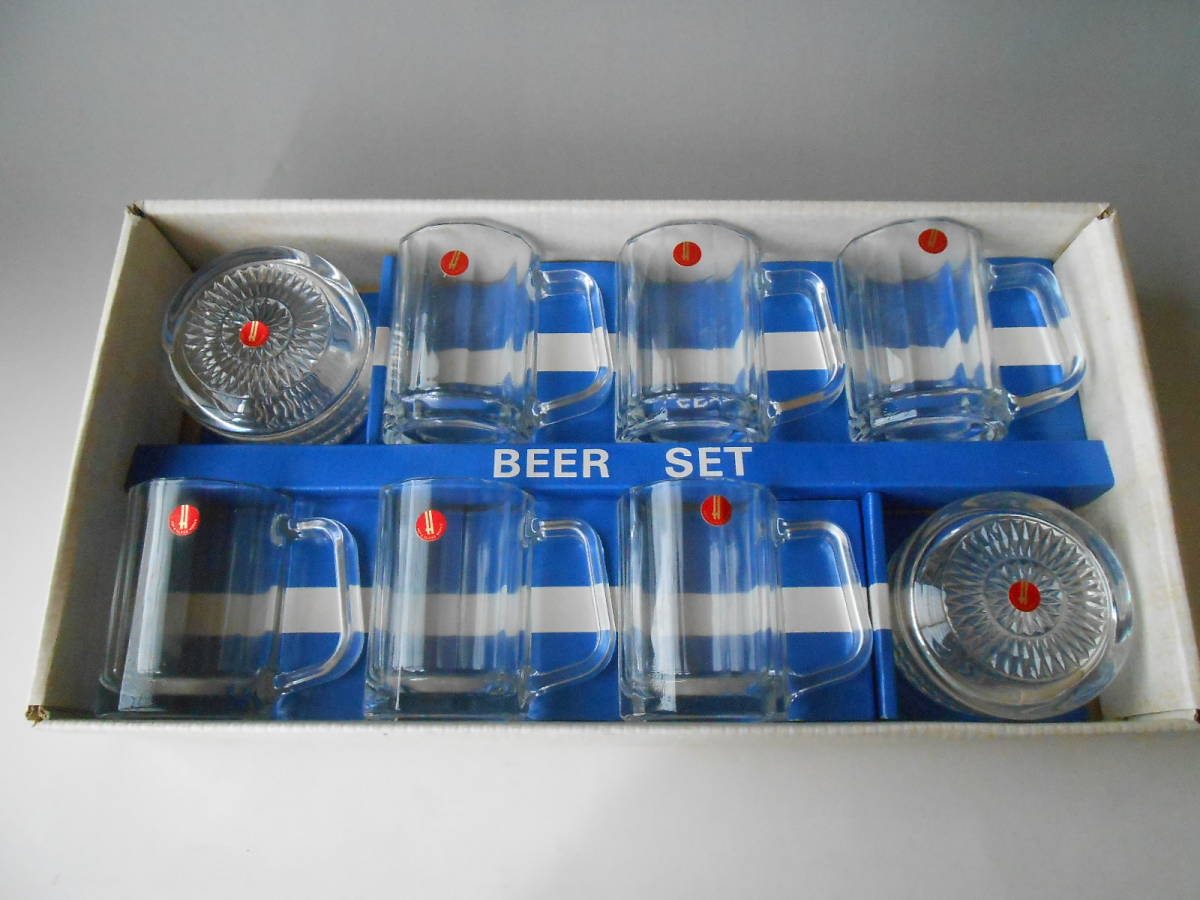 HOYA! ☆ビアジョッキセット(ガラスの小箱付)☆ 未使用 ビール 焼酎 つまみ入れ 拍卖