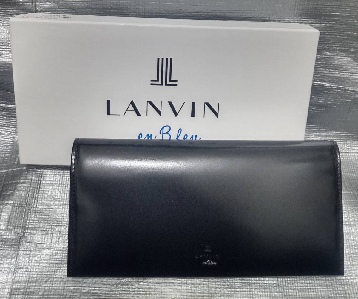 ○新品 LANVIN en Blew ランバンオンブルー 定価18700円 黒コードバン仕上げガラスレザー牛革長財布拍卖