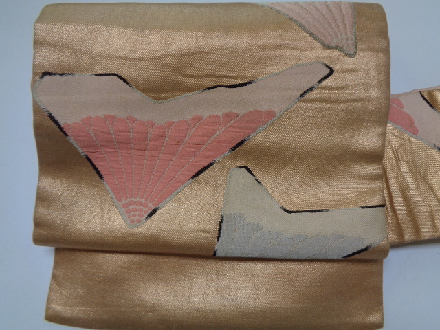 C223-80 名古屋帯 正絹 六通柄 菊花扇面織文 昭和レトロ アンティーク拍卖