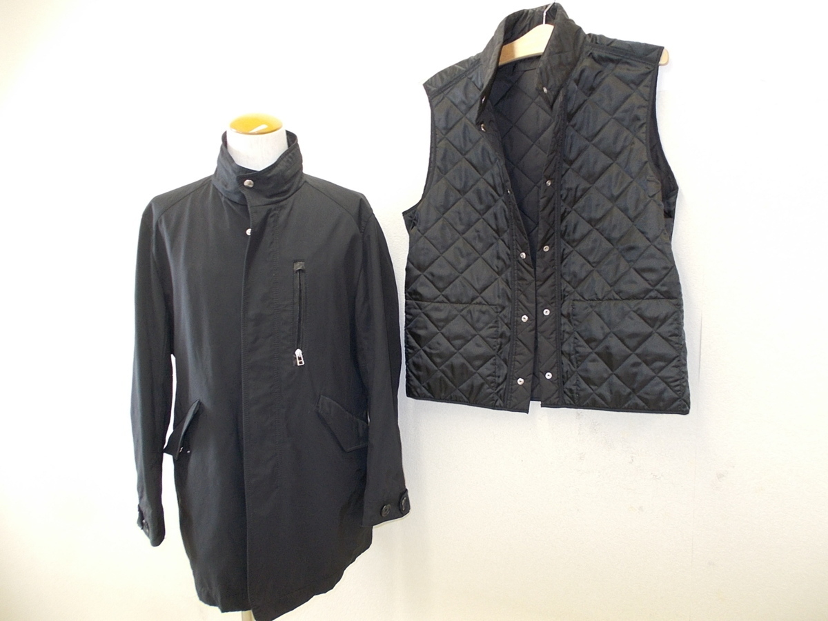 e839◆23区オム ライナー付きコート◆サイズ46 オンワード 黒色ブラック 23区HOMME コート フード収納可能 ライナーベスト取り外し可能 3B拍卖