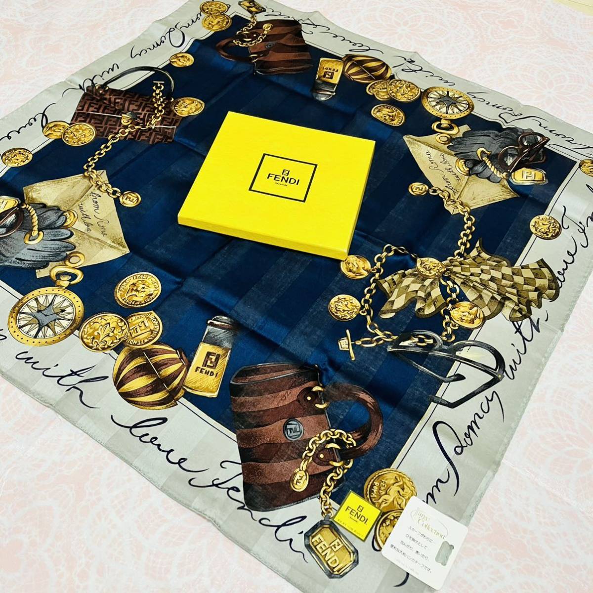 【廃盤品レア】新品/FENDI/大判ハンカチ/正規品/フェンディ/未使用/即決/ズッカ柄/匿名/スカーフ/58cm/綿100%/バッグ/箱あり/ストール拍卖