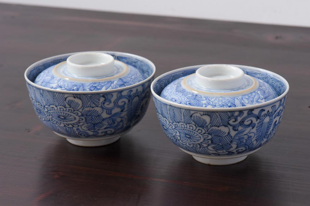 R-031321 古民具・骨董 幕末明治期 線描染付 細かな図柄が味わい深い蓋付茶碗(和食器)2客セット(1)拍卖