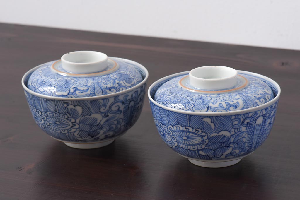 R-031322 古民具・骨董 幕末明治期 線描染付 細かな図柄が味わい深い蓋付茶碗(和食器)2客セット(2)拍卖