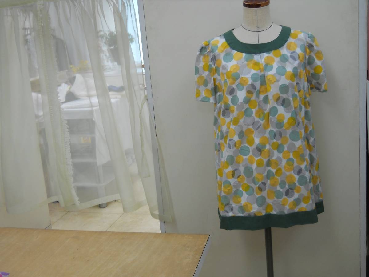 love34♪ チュニックワンピース グリーン&黄色の綿カットプリント拍卖